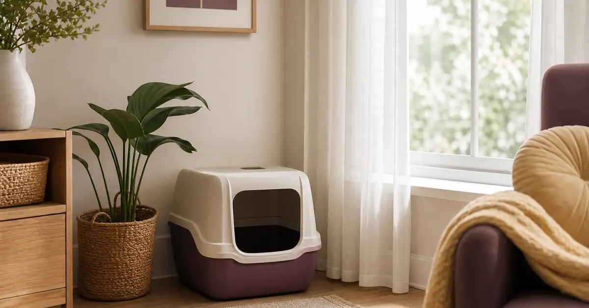 A litter box placed in a well-ventilated corner near a window with soft natural light