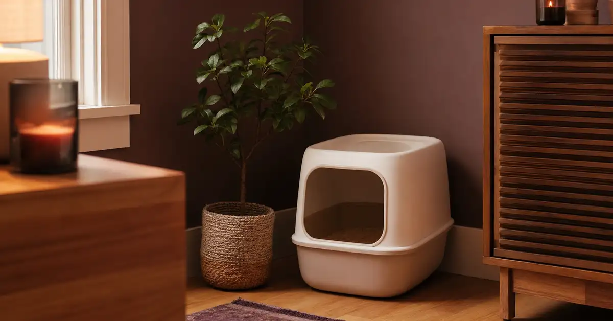 A fresh, tidy litter box area in a sunlit home corner