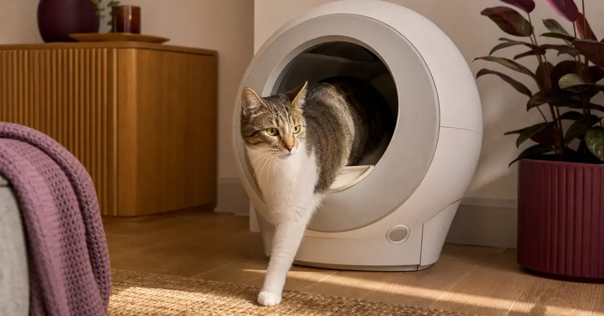 Calm cat stepping out of a generic automatic self-cleaning litter box in a warm home setting