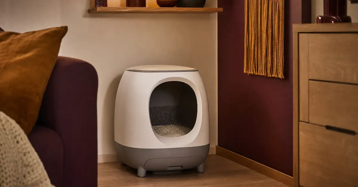 Compact automatic self-cleaning litter box tucked into a small apartment corner