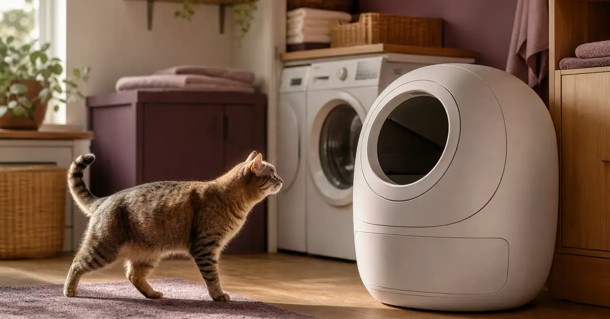 A calm cat approaching a generic modern self-cleaning litter box appliance in a tidy home laundry nook