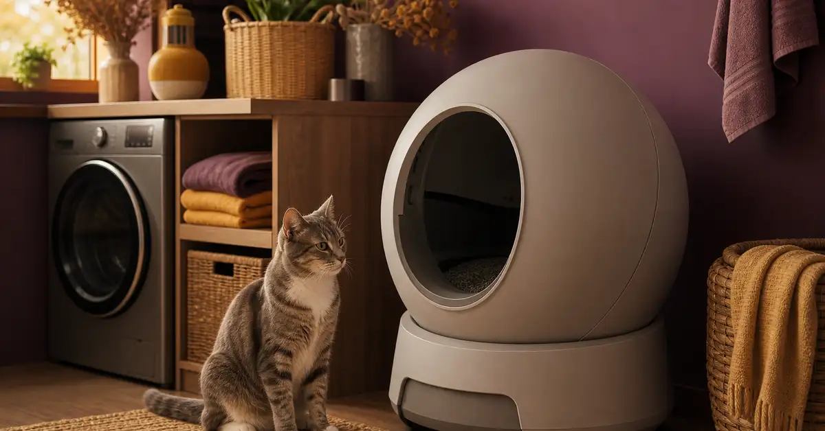Modern generic self-cleaning litter box appliance in a warm home laundry nook with a calm cat nearby