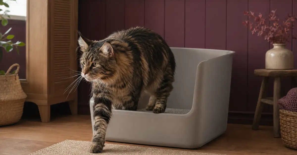Large adult cat stepping out of a spacious open litter pan in a warm home setting