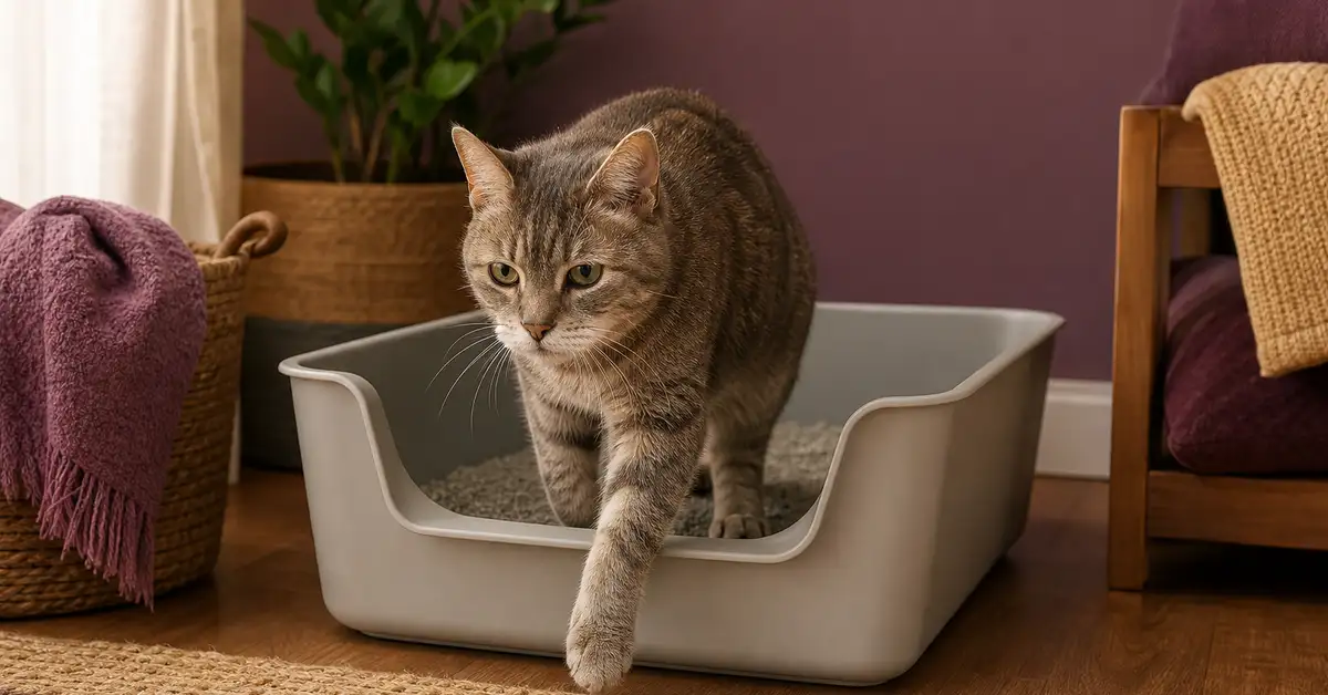 Senior cat stepping easily into a low-entry accessible litter box in a warm home corner