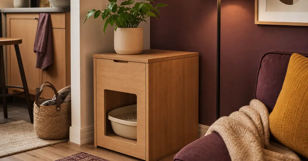 Small apartment corner with a litter box concealed inside a simple furniture-style enclosure