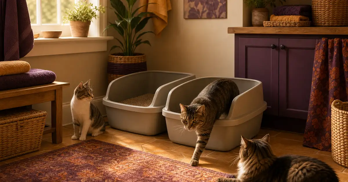 Multiple cats near two large open litter boxes in a warm, softly lit home laundry nook