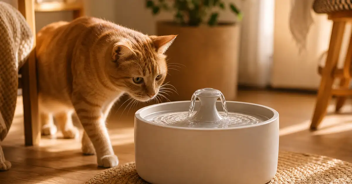 A cat approaching a generic water fountain in a warm home setting, illustrating a cat's preference for moving water