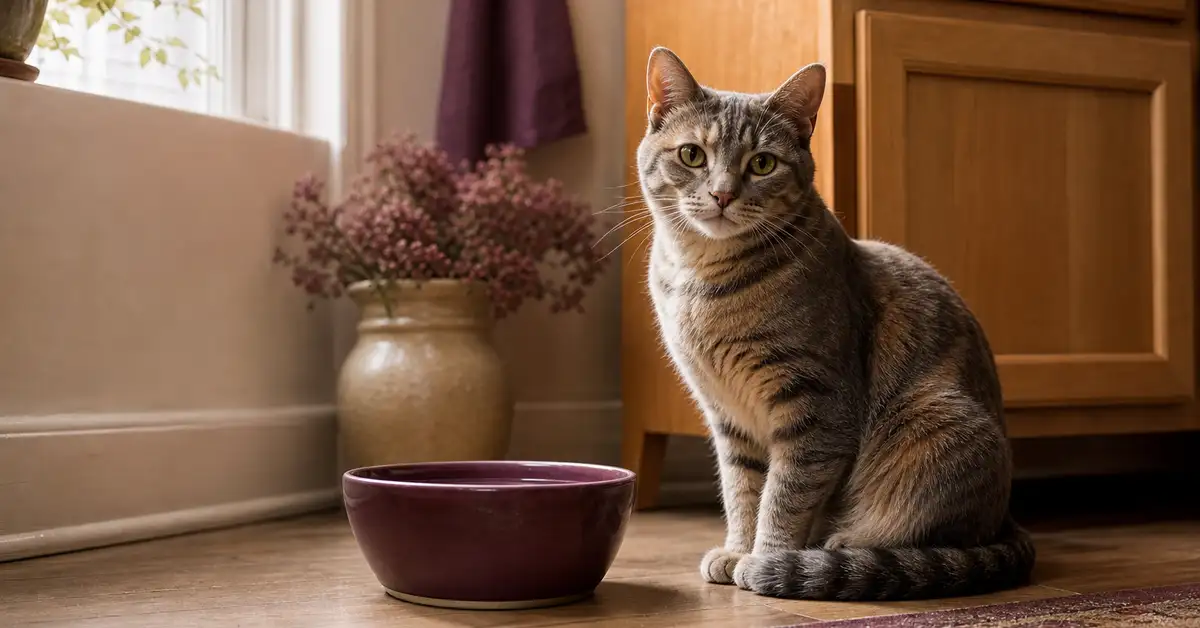 A cat sitting calmly beside a water bowl in a warm, quiet home kitchen