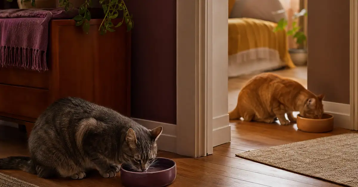 Two cats in a home with separate water bowls placed in different quiet corners