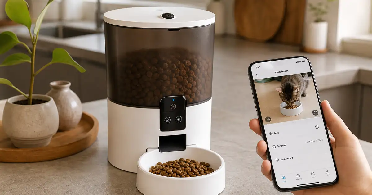 An automatic cat feeder with a camera and a smartphone showing a feeding app nearby