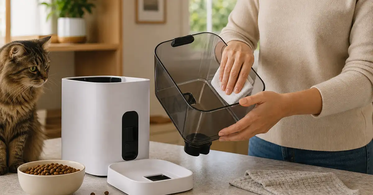 Cleaning an automatic pet feeder hopper on a kitchen counter with dry kibble nearby