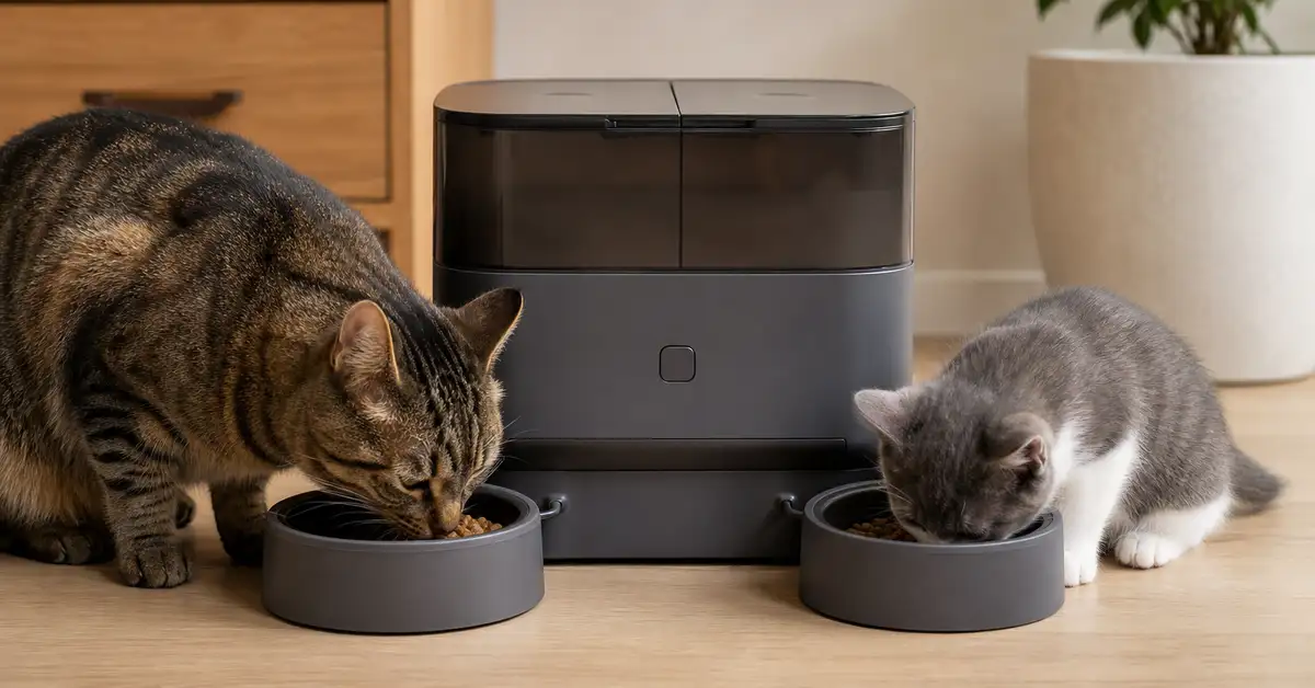 Two cats eating from separate bowls of a multi-cat automatic feeder with portion control