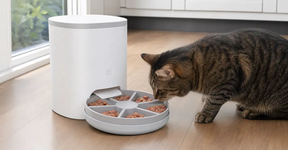 A generic automatic wet-food cat feeder with a rotating tray in a bright home kitchen, cat approaching to eat