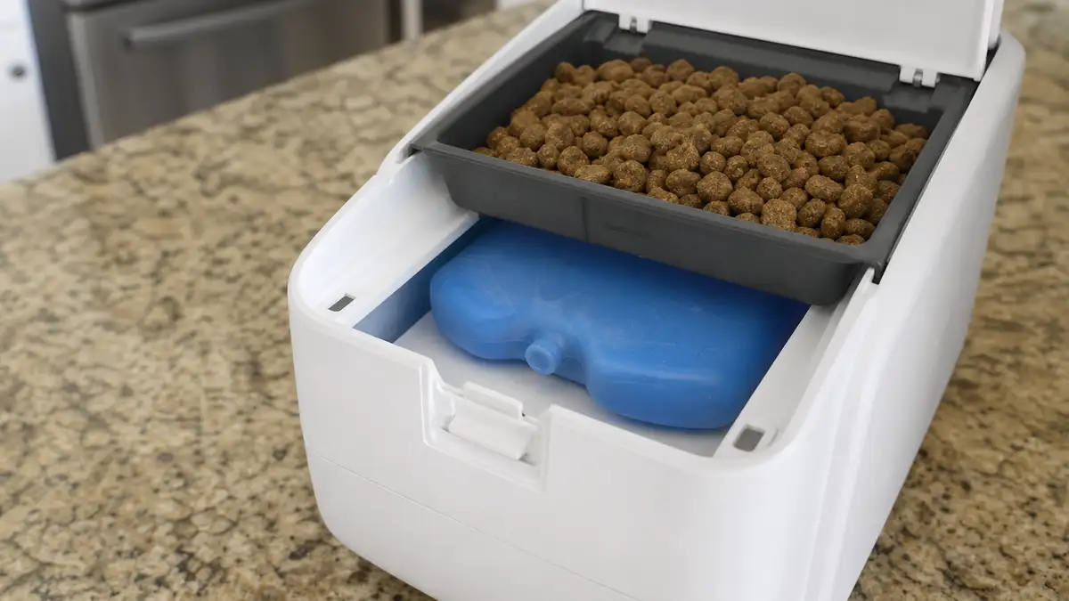 Close-up of an ice pack tucked beneath a food tray in a generic automatic pet feeder