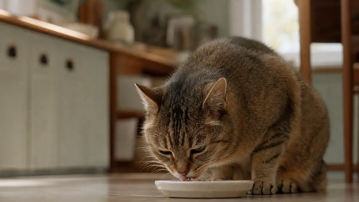 A calm senior cat eating a small portion of food from a clean bowl in a warm home kitchen