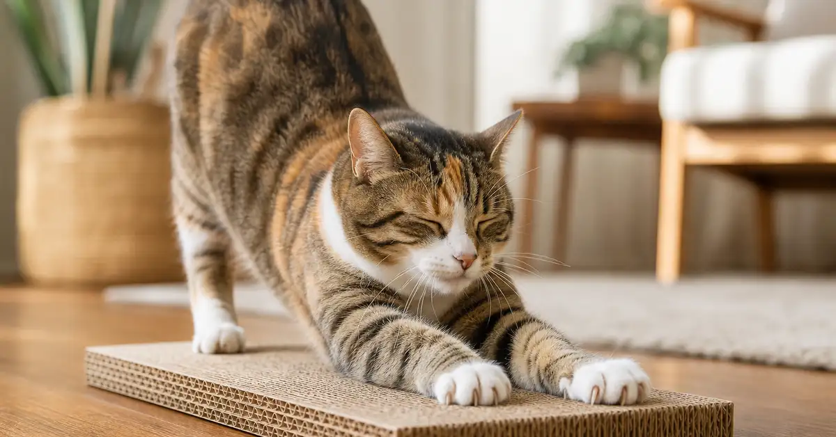 A cat digging its claws into a flat corrugated cardboard scratching pad on a hardwood floor