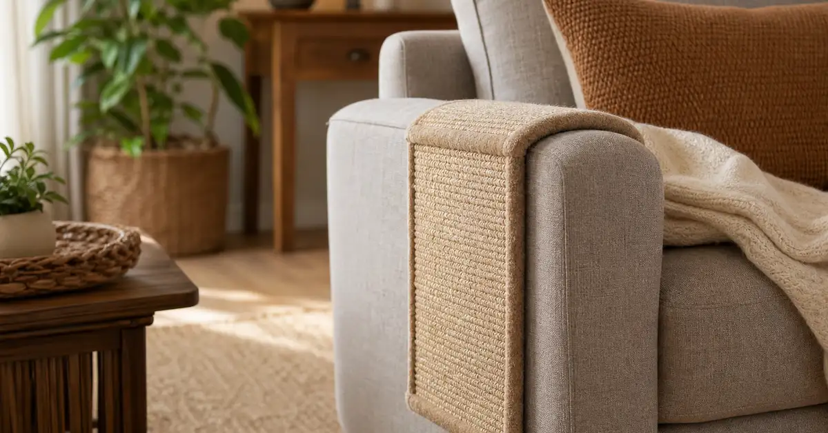 A textured sisal corner scratcher mounted on the arm of a cozy sofa in a warm living room