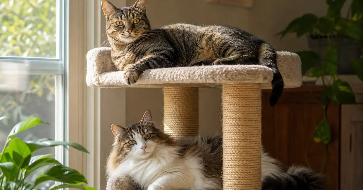 Two cats lounging on different levels of a tall multi-level cat tree with sisal-wrapped posts near a sunny window