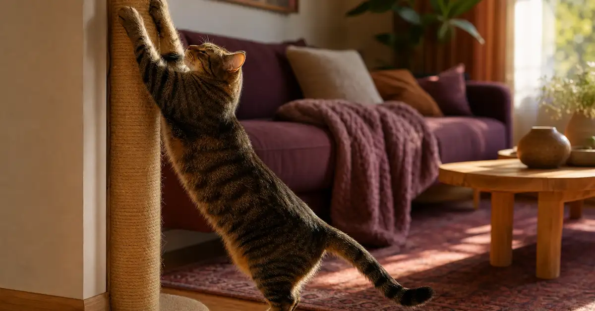 A cat mid-stretch scratching a tall sisal-wrapped scratching post in a warm, sunlit living room corner