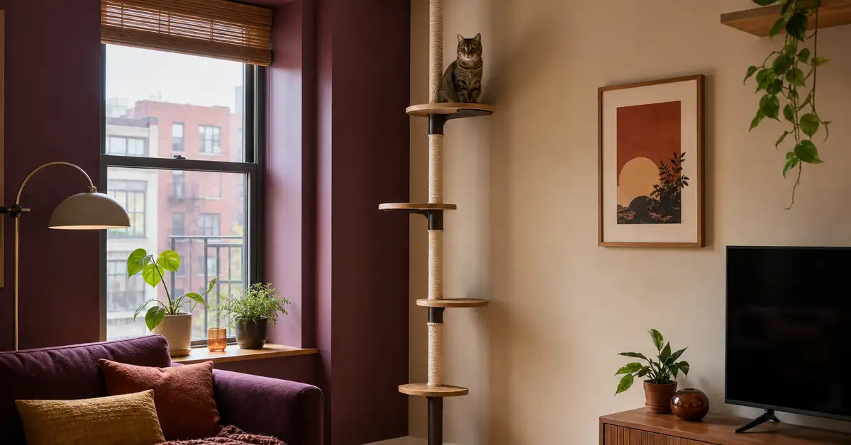 A slim floor-to-ceiling cat tower with multiple platforms installed in the corner of a small apartment room