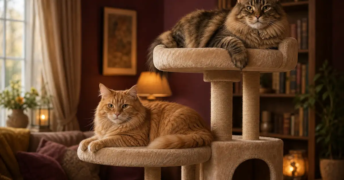 Two large cats occupying separate perches on a tall multi-level plush cat tower in a warm living room