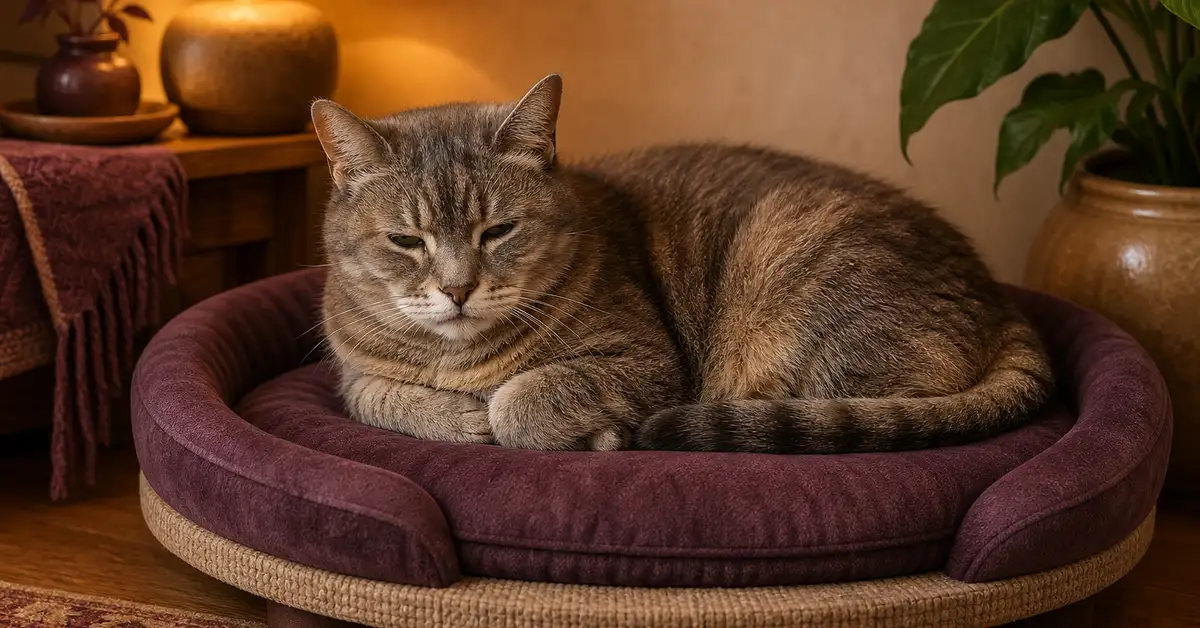 A senior cat resting comfortably on a low, wide cat condo perch close to the floor