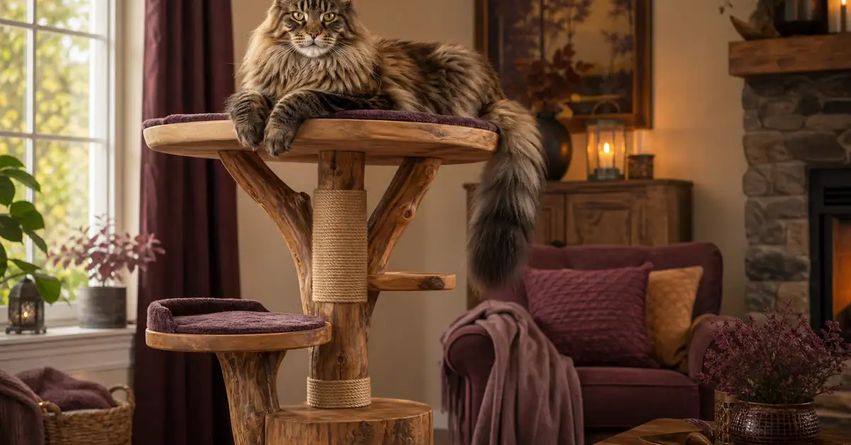 A large Maine Coon cat perched on the wide top platform of a sturdy multi-level cat tree near a sunny window