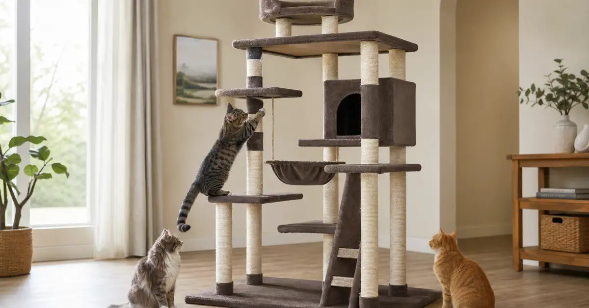 A sturdy wide-base multi-level cat tree with two cats near the base and one climbing