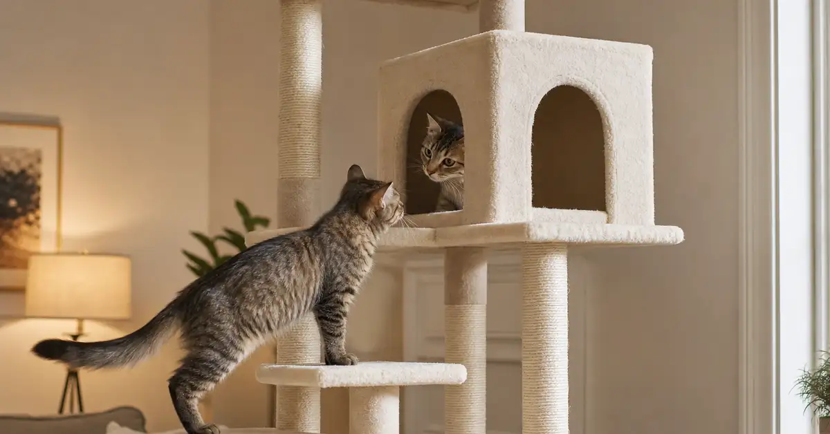 A cat peeking out of an enclosed condo box on a tall cat tree as another cat approaches