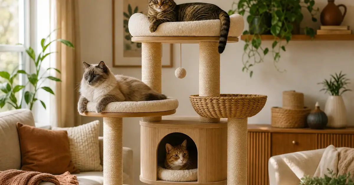 Two cats sharing perches on a tall multi-level cat tree in a bright living room