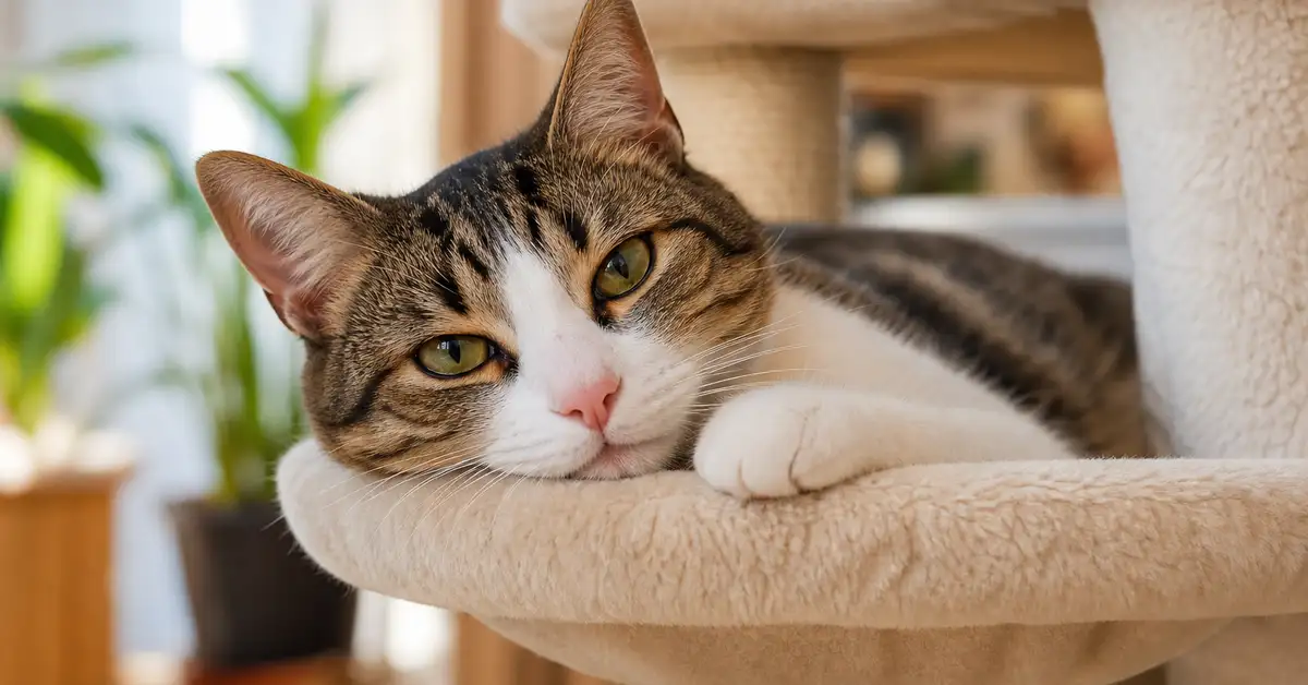 A cat resting on a plush perch of a multi-level cat tree in a cozy home