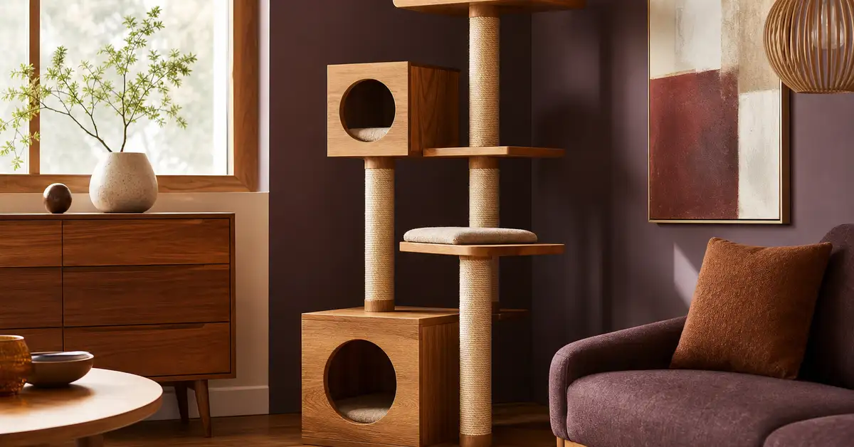 A furniture-grade wooden cat tree with clean lines in a styled modern living room