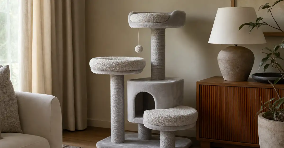 A plush velvet-upholstered modern cat tower in a warm living room corner