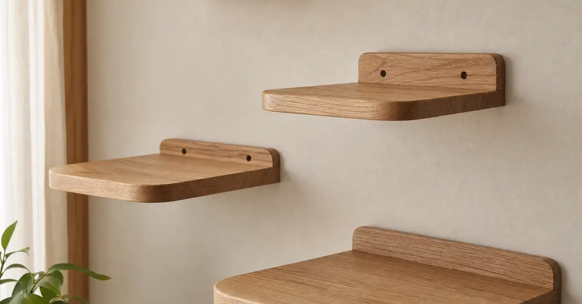 Solid wood wall-mounted cat shelves arranged in a staggered pattern on a neutral wall
