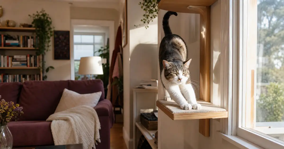 A cat mid-stretch on a wall-mounted wood cat shelf in a sunlit, lived-in living room