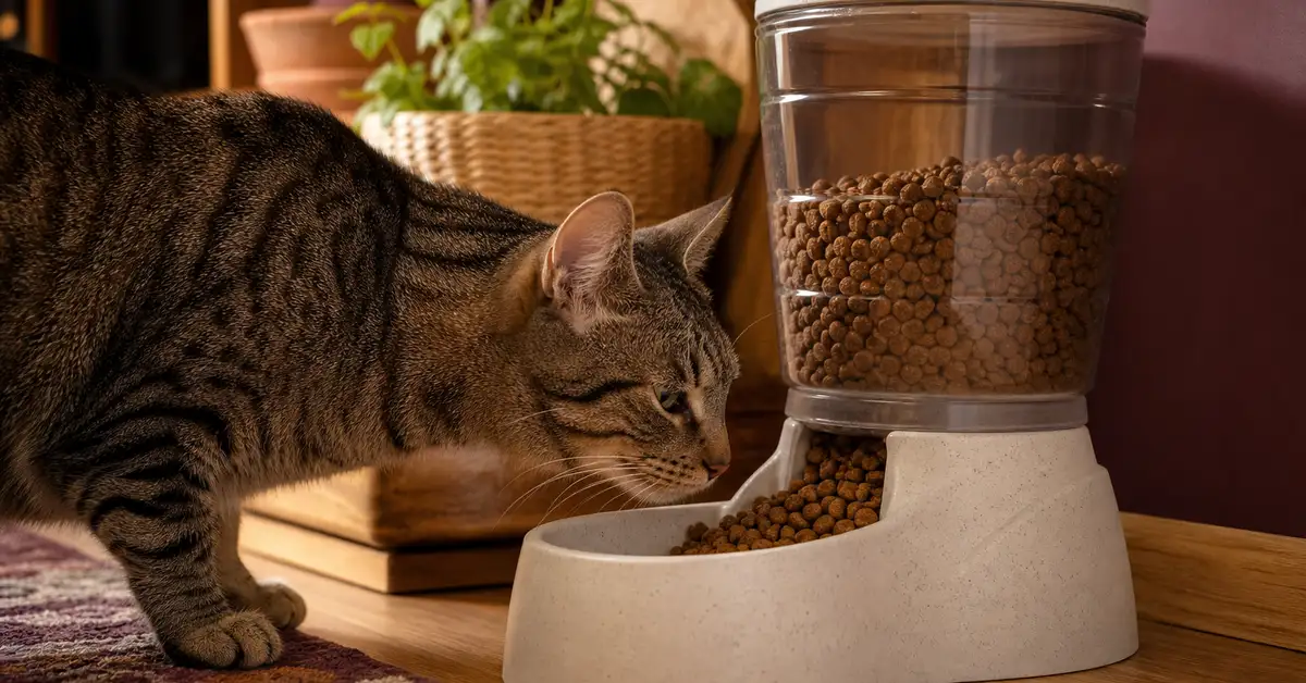 A cat sniffing at a simple gravity pet feeder hopper filled with dry kibble
