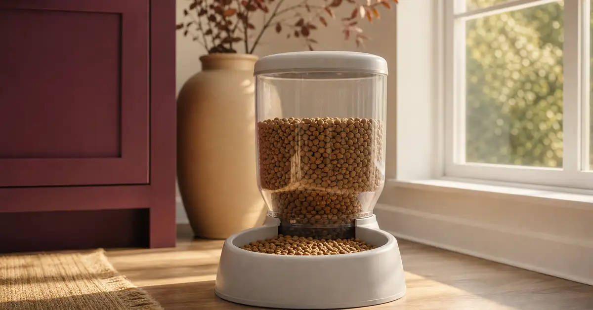 A generic gravity cat feeder hopper and bowl on a kitchen floor near a sunny window