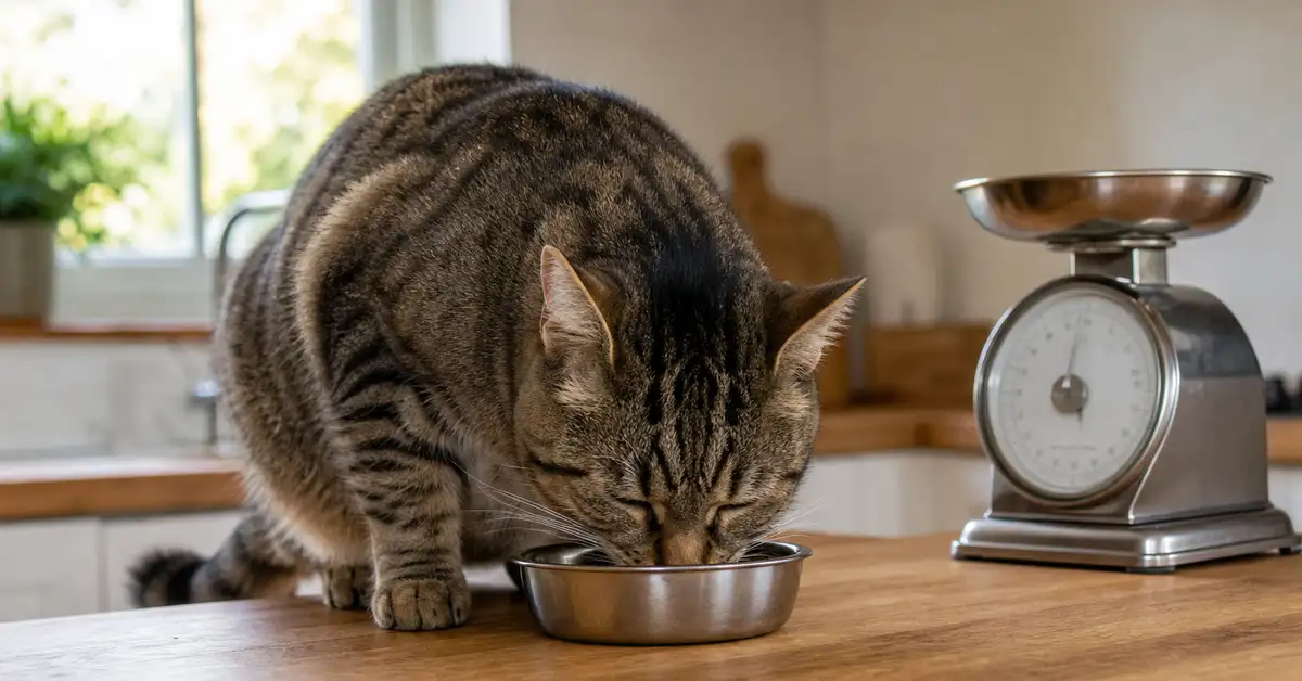 A cat eating from a stainless steel bowl in a bright home kitchen with a kitchen scale nearby