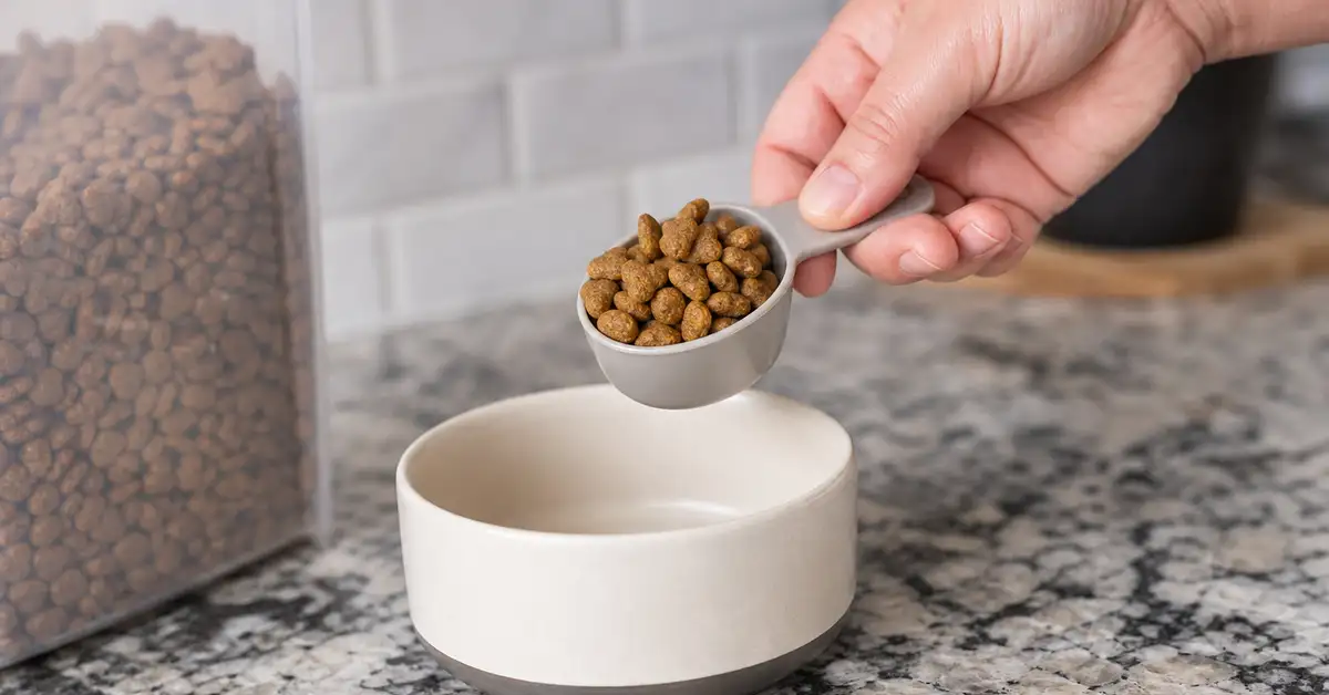 A hand measuring dry cat food into a measuring cup on a kitchen counter