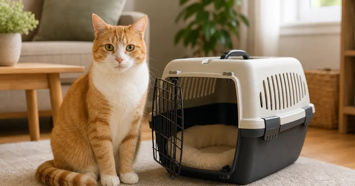 A calm cat sitting beside an open carrier in a cozy living room, illustrating a relaxed approach to carrier training