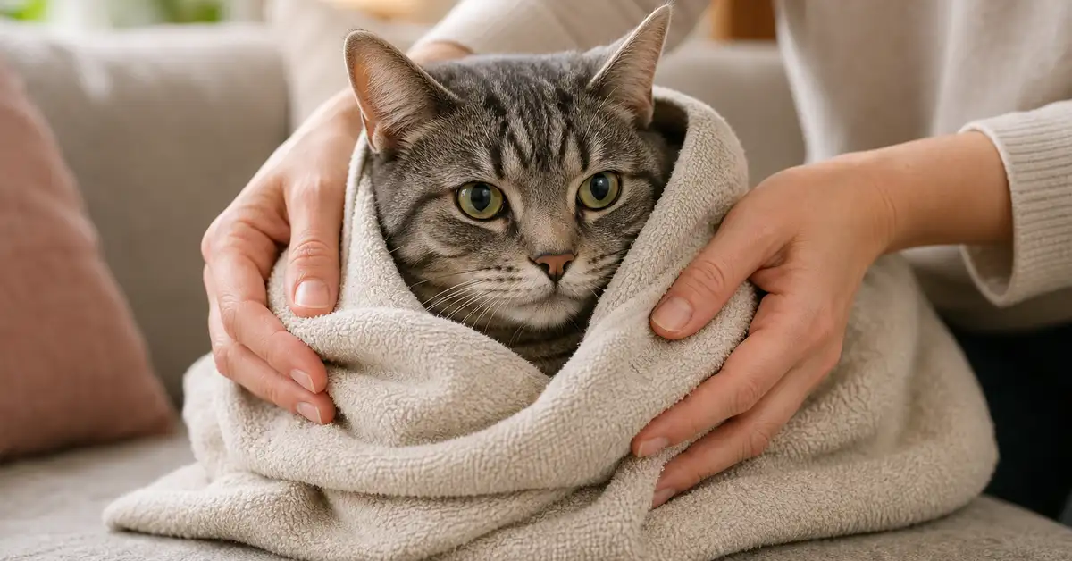 Hands gently wrapping a calm cat in a soft towel, illustrating the towel-wrap handling method for a distressed cat