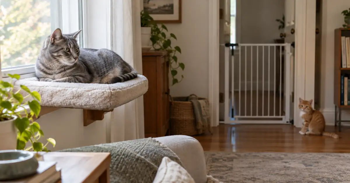 A calm adult cat resting on a window perch while a kitten sits at a distance near a gated doorway, illustrating a gradual cat introduction