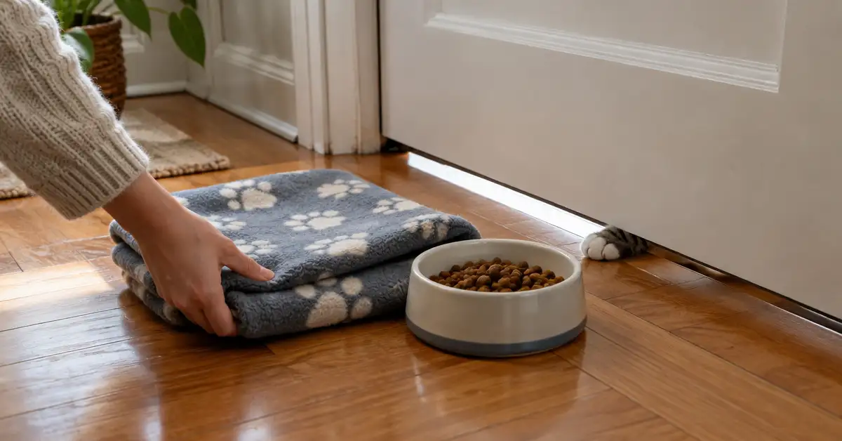 A folded blanket placed beside a food bowl at a closed door, with a cat's paw reaching under the gap, illustrating scent swapping and door feeding