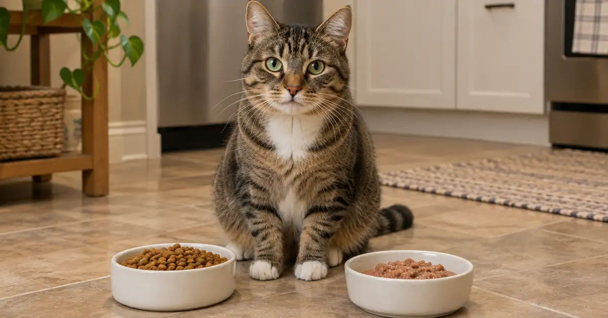 A healthy adult cat sitting between a bowl of dry kibble and a bowl of wet food