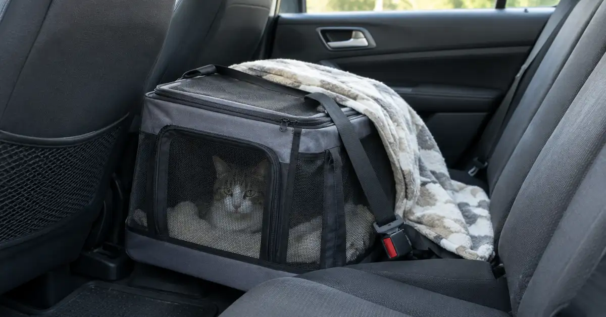 A soft-sided cat carrier with a zipped top opening secured by a seatbelt strap on a car back seat floor, partly covered by a blanket