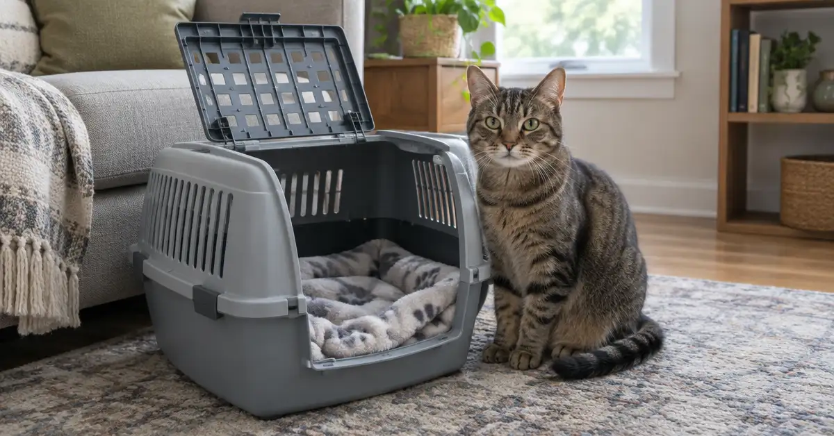 An unbranded gray hard-sided pet carrier with its top door open on a living-room rug, a folded blanket inside and a tabby cat sitting beside it