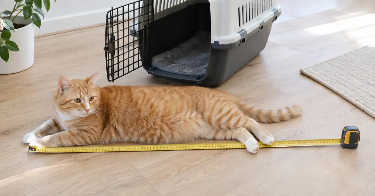 A measuring tape laid beside a ginger cat resting on a wooden floor next to an open pet carrier, illustrating a carrier size check