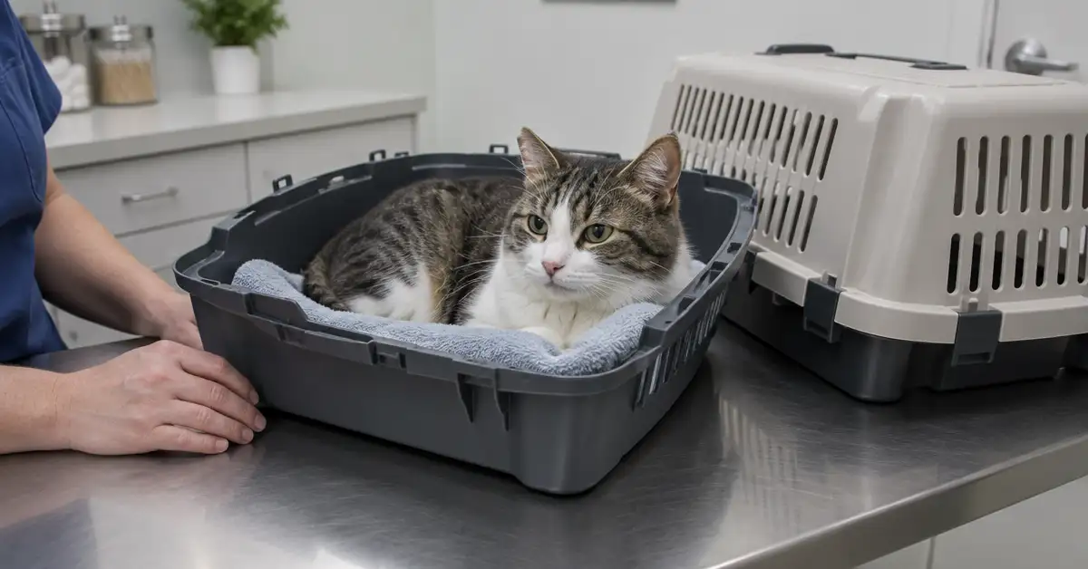 A cat resting in the base of a plastic carrier with the top half lifted off during a veterinary exam