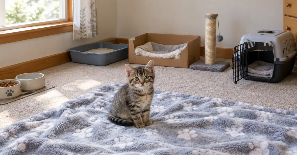 A small tabby kitten resting on a soft blanket in a tidy base room with a low-sided litter box, food and water bowls, a cardboard bed, a scratching post and an open carrier