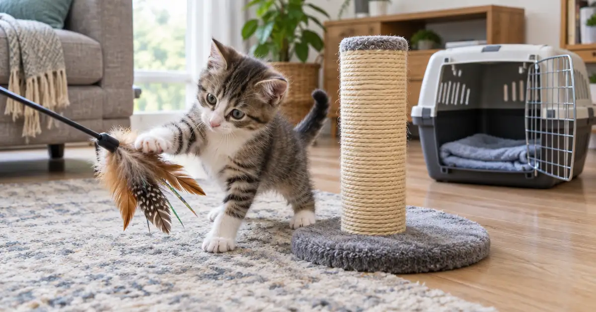 A young kitten playing with a feather wand beside a short sisal scratching post, with an open carrier in the background